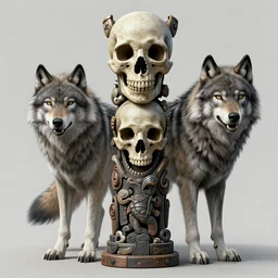 A totem with a skull and an wolf by beeple, coherent, symmetrical, intricate, high detail, digital painting, hyper realism, octane render, 4k, trending on artstation