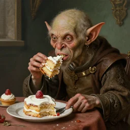 medieval goblin eating cakes painted by hieronymus bosch, detailed digital art, trending on Artstation