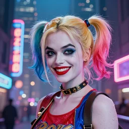 film still of harley quinn, head and shoulder shot, cyberpunk city, beautiful cityscape background, neon signs, vibrant colors, wallpaper, top rated on artstation, 4k