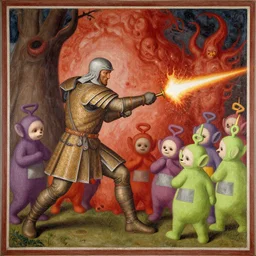 Medieval fresco of the Doom Slayer from Doom Eternal fighting and shooting a hord of Teletubbies in hell, 4k, painted in 1530