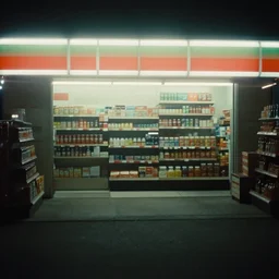 noisy color photograph of inside a retrofuturist empty convenience store, dark pit, minimalist, cinematic, soft vintage glow, lens flare