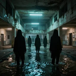 backrooms abandoned mall, ominous neon lighting, moldy walls, shadowy tall figures wading in shallow water