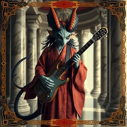 giesha demon wearing a kimono + holding a guitar and samurai sword + lizards tail, innovative avant - garde art, deco fashion, photorealistic portrait, crisp quality and light reflections, inside a room with marble columns, transcendent, vibrant color, clean linework, finely detailed, tarot card with ornate border frame, 4 k, trending on artstation, volumetric lighting, octane render