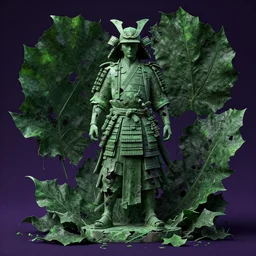 a broken statue of a samurai standing in a highly detailed over dimensional green leaves that are not from this world decaying with black vaines, dark fantasy, photorealism, unreal engine, purple hue