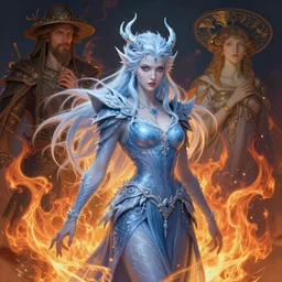 beautiful ancient frost witch, flames all around, highly detailed, digital painting, artstation, sharp focus, illustration, art by tan zi and ayanamikodon and alphonse mucha and wlop
