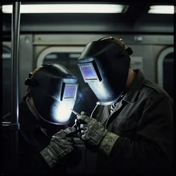 welder wearing welding masks in the subway, by richard avedon, ominous lighting, tri - x pan stock