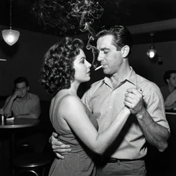 Two couples dancing in a sleepy club. Cigarette smoke in the air. 1960s, vintage, black and white, Americana. By Ian Berry.