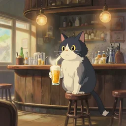 a cat in a pub with beer, painting by craig mullins, octane rendering, soft morning lighting, wide angle lens, in the style of hayao miyazaki, trending on artstation,