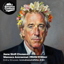 a painting of jeffry epstein with flowers in his hair, a character portrait by drew struzan, behance contest winner, american scene painting, oil on canvas, matte drawing, studio portrait