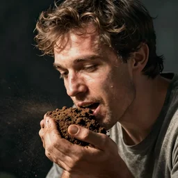 man with a handful of dirt in his hand about to put it in his mouth