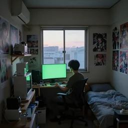 small room in tokyo, window open, dawn, young man sitting at computer, green glow on monitor's face, walls covered with anime posters, lots of appliances on shelves, small bed not made, hyper realism, photo realism, hyper details, soft light, soft shadows, blurred photo