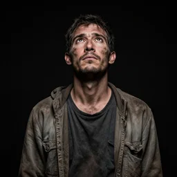 photo by lee jeffries, black background, man looking up, dirty, homeless, black background