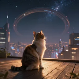 cat sitting on a wooden deck, staring into the sky, night, dramatic warm lighting, futuristic cyberpunk cityscape in background, stellaris concept art, ringworld structure in sky, light colors