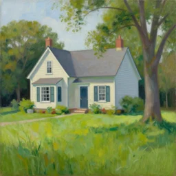 A painting of a beautiful cottage, with a lush grass lawn, featuring a tree in the style of Edward Hopper