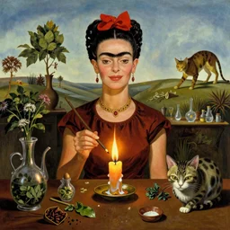 witch doctor woman smiling in the flame of a candle, Salvador Dali, surrealism, frida kahlo, herbs, potions, cat, melting