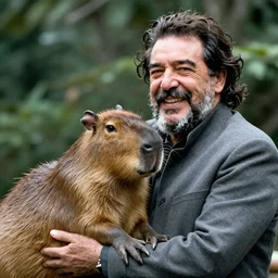 photo of Fidel Castro smiling, holding his pet Capybara, 50mm
