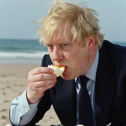 film still close - up shot of boris johnson eating eggs on the beach from the movie monty python's the meaning of life. photographic, photography