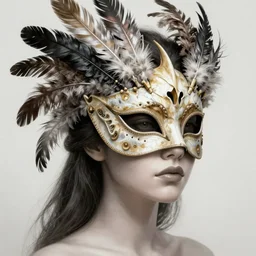 Girl wearing an intricate mask made of feather and bone, face, detailed, intricate, elegant, highly detailed, digital painting, artstation, concept art, smooth, sharp focus, illustration, art by Krenz Cushart and Artem Demura and alphonse mucha