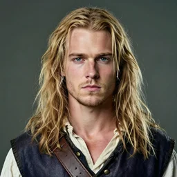 photo portrait of a rugged irish pirate, young adult, blonde hair and clean shaven face, faded blue vest, charismatic face, rugged and dirty, cinematic lighting at sundawn, movie color grading