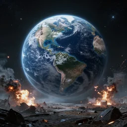 dystopian cold planet earth from space, war explosions, wasteland, dark futuristic, nuclear winter