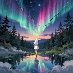 white haired girl walking in cloud pond forest dusk, fractal dreamscape, shattered sky cinematic, shooting stars, aurora borealis mirror reflection, vibrant colors, digital anime illustration, award winning, by makoto shinkai
