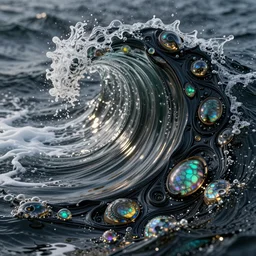 art nouveau cresting oil slick waves, hyperdetailed bubbles in a shiny iridescent oil slick wave, black opals, rococo, organic rippling spirals, octane render, 8 k 3 d, spirals, crashing waves, glistening seafoam, abalone