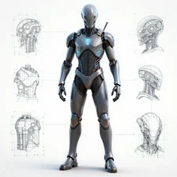a cybernetic suit with advanced alien technology and glowing accents, engineering blueprint