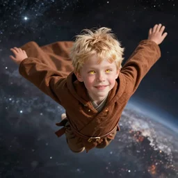 blonde boy with golden eyes wearing a brown cape and flying in t pose, space background, greg rutkowski