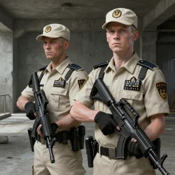 pale zombie security guard officers in beige uniform and caps with background brutalist concrete interior trending on artstation digital painting highly detailed 4 k 8 k holding bullpups hd by greg rutkowski