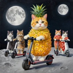 painting 8 k ultra realistic cat made out of pineapple and cat made out of pepperoni riding electric scooters on the moon