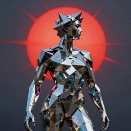 realistic 8k Umberto Boccioni Sculpture of random jagged reflective metal pieces forming the shape of a person silhouetted by a bright red sun, volumetric god rays, glinting metal, neon colors, cyberpunk, smooth, sharp focus, 24mm lens, DOF, hyper realistic, art by Greg Rutkowski and Ruan Jia and Giger