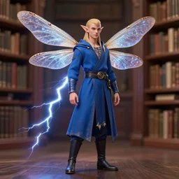 character concept portrait, male elf with dragonfly-wings. boots, blue robes, library background. Detailed, high quality, bokeh, sharp focus, smooth, dynamic lightning, fantasy. Artwork by artgerm, WLOP, alex ross, greg rutknowski, Alphonse Mucha