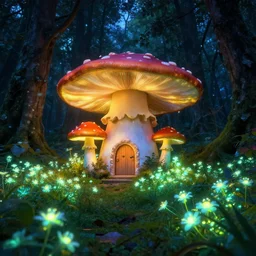 mushroom house in an enchanted forest full of luminous flowers, the light from the flowers is great, hdr