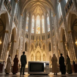 people worshiping a microwave in center if a massive cathedral