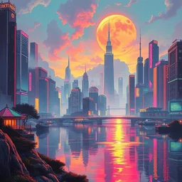 realistic painting cyberpunk city surrounded by a glistening lake by stephan martiniere, artstation utopian art deco, saturated, hyper colorful