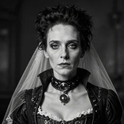 closeup portrait of a steampunk bride of frankenstein, facing the camera, dark, cinematic, smokey lighting, dimly lit, highly detailed, black and white vintage photograph, character design