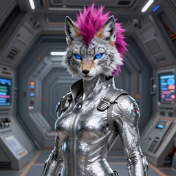 highly detailed digital painting, silver female anthro - lynx, blue eyes, human with head of lynx, long furred, with short magenta punk mohawk, muscular, wearing flight suit, in starship reactor room on the nostromo, classic science fiction, trending on artstation,