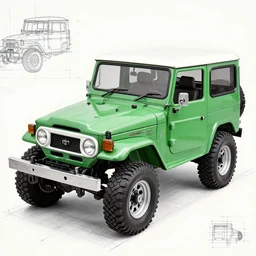 detailed intricated architect blueprint of a green toyota fj 4 3
