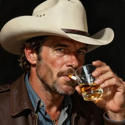 Digital painting of a cigarette in mouth wearing a cowboy hat John Wayne with stubble beard drinking a shot of whiskey, in the style of Jean Giraud
