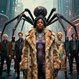 realistic detailed photorealistic portrait movie shot of a beautiful black woman in a fur coat with a giant spider, dystopian city landscape background by denis villeneuve, amano, yves tanguy, alphonse mucha, ernst haeckel, david lynch, edward robert hughes, roger dean, cyber necklace, fashion shoot, rich moody colours, cyber patterns, wide angle