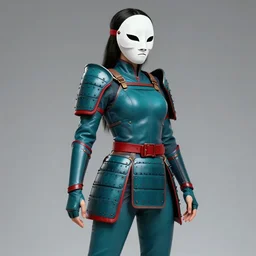female adventurer in tight full - body teal leather armor of japanese design with red accents and a white porcelain crow mask, trending in artstation, japanese, by wlop, establishing shot