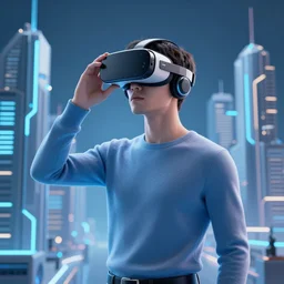 techno king wearing a mixed reality headset surrounded by futuristic city, blue light, ultra detailed, intricate, concept art, 4 k, golden ratio,