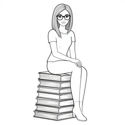 clean simple line art of a woman with straight hair and glasses sitting on a tall pile of books. well composed, clean coloring book page, beautiful detailed face. coloring book line art by greg rutkowski and johanna basford