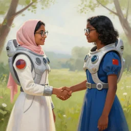 donald trump and a young black short - haired hyderabadi muslim woman with cateye glasses facing each other off dressed in spaceship pilot dresses shaking hands, portrait, illustration, rim light, top light, perfectly shaded, spring time, slight overcast lighting, soft painting, art by krenz cushart and wenjun lin