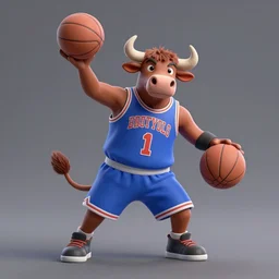 bull dressed as a basketball player plays basketball by greg rutkowski and thomas kinkade, trending on artstation, 3 d render octane
