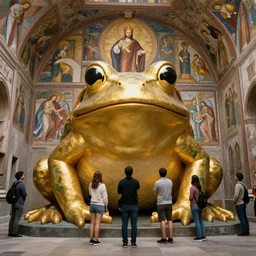 people worship a huge statue of a golden frog, icon style, religion, bible, frescoes