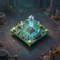 distant product photography framing. digitally painted render of a small square fantasy vacuum - tube motherboard made and powered by crystalline circuitry. trending on artstation. artificer's lab bg. premium print by angus mckie and james gurney. bismuth materials