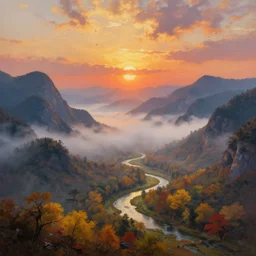 The most beautiful panoramic landscape, oil painting, where the mountains are towering over the valley below their peaks shrouded in mist, the sun is just peeking over the horizon producing an awesome flare and the sky is ablaze with warm colors, lots of birds and stratus clouds. The river is winding its way through the valley and the trees are starting to turn yellow and red, by Greg Rutkowski