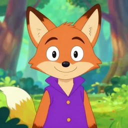 don bluth, artgerm, clockpunk anthropomorphic fox girl, purple vest, smiling, symmetrical eyes symmetrical face, bright colorful forest background