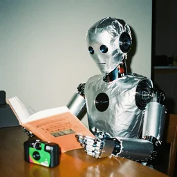 a tinfoil electronic robot reading a book, disposable camera photo